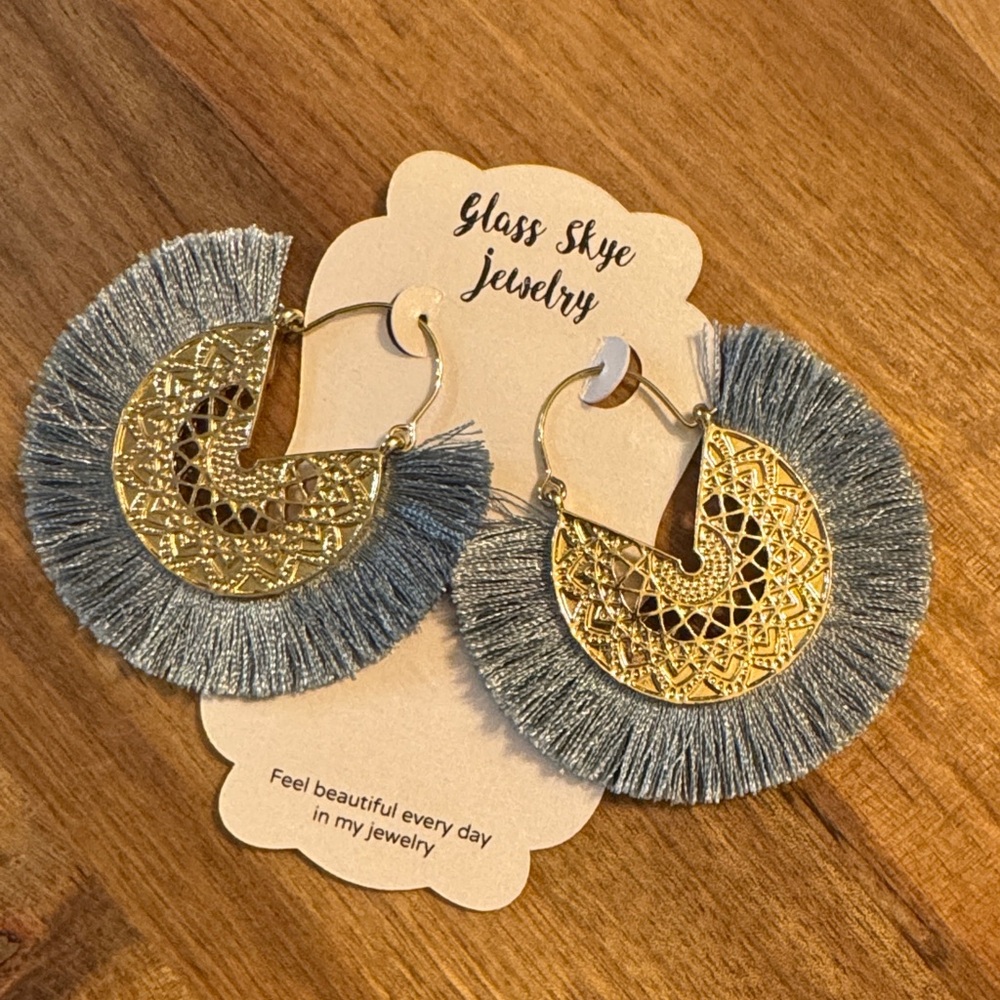 Gold and Blue Fringe Earrings